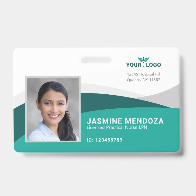 Company Logo Template Teal Employee Photo Name ID Badge (Front)