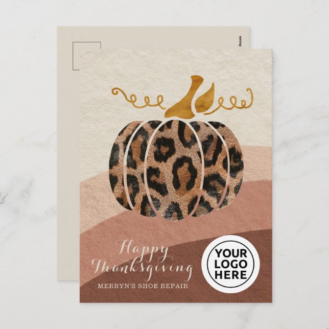 Company Logo Thanksgiving Boho Leopard Pumpkin Holiday Postcard (Front/Back)