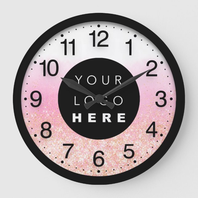 Company Minimal Pink Ombre Glitter Logo Large Clock (Front)