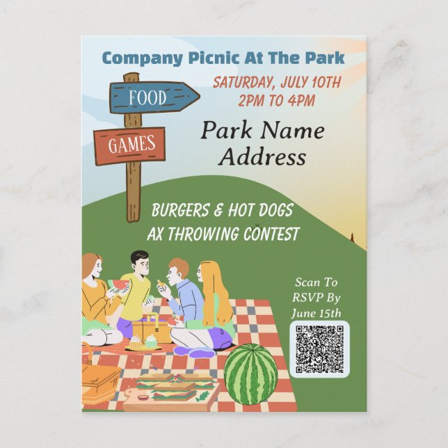 Company Picnic Summer QR code Food Games Postcard (Front)