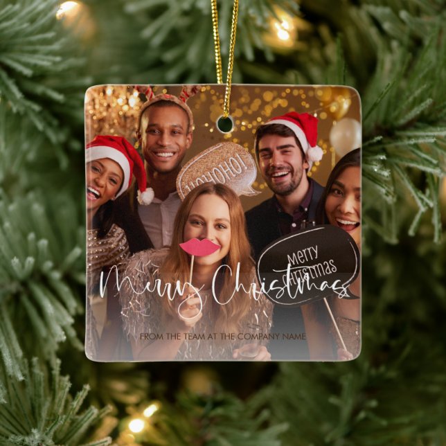 Company QR Code Photo Merry Christmas Giveaway Ceramic Ornament (Tree)