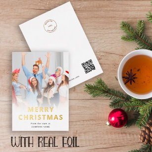 Company Team Photo Logo QR Code Merry Christmas Foil Holiday Card