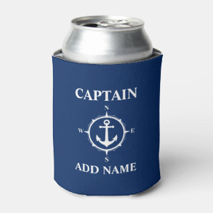 Compass Anchor Captain Add Name Boat Name Blue Can Cooler
