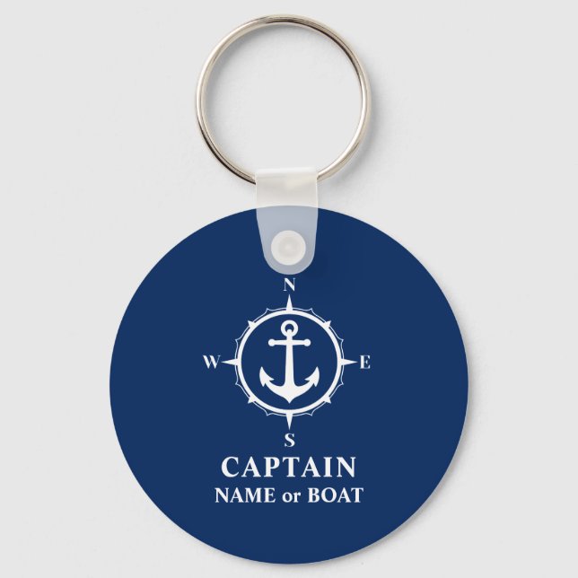 Compass Anchor Captain Name Boat Photo Back Navy Key Ring (Front)