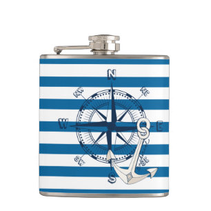 Compass and Anchor Blue and White Stripe Flask