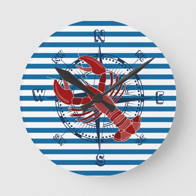 Compass and Lobster Blue and White Stripe Clock (Front)