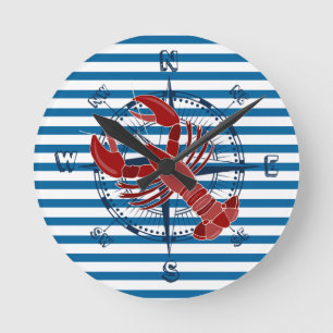 Compass and Lobster Blue and White Stripe Clock