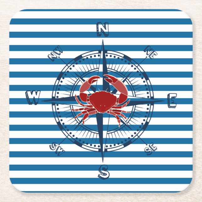 Compass Blue and White Strip Paper Coasters (Front)