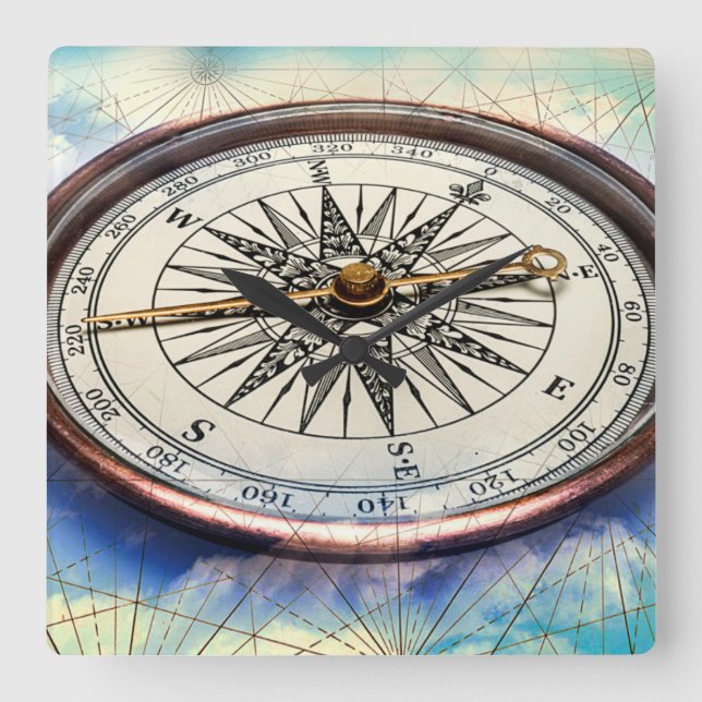 Compass Clouds Square Wall Clock (Front)