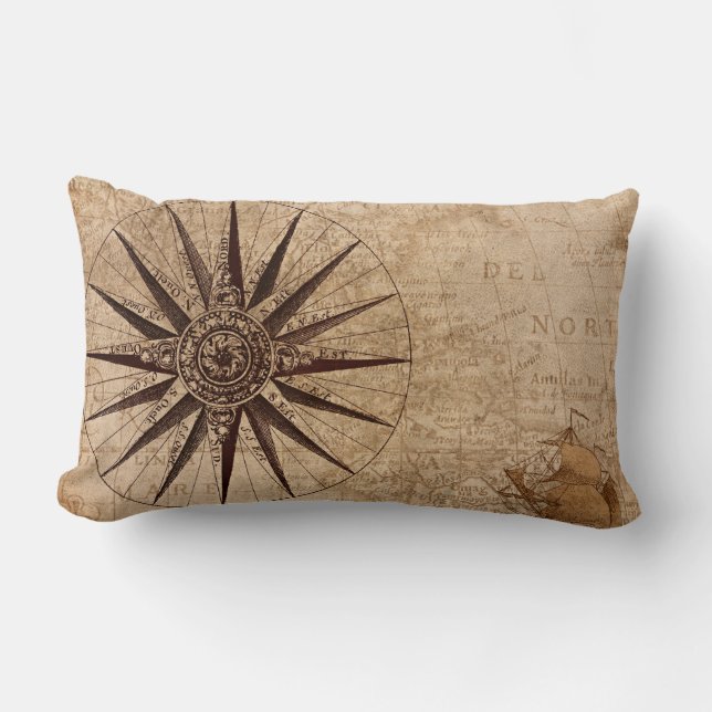 Compass Exploration Discovery Age World Map Lumbar Cushion (Front)