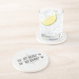 Compass GPS Home Coordinates On Wood Coaster