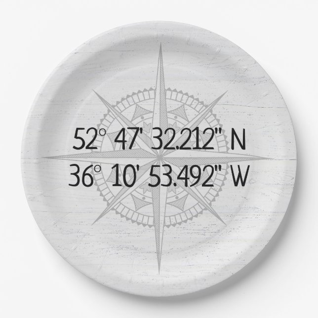 Compass GPS Home Coordinates Paper Plate (Front)