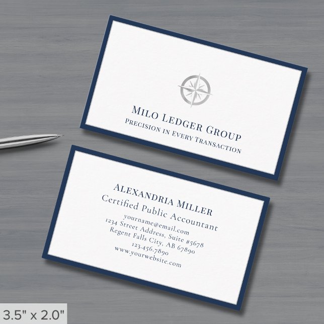 Compass Logo Navy Blue Border Business Card (Creator Uploaded)
