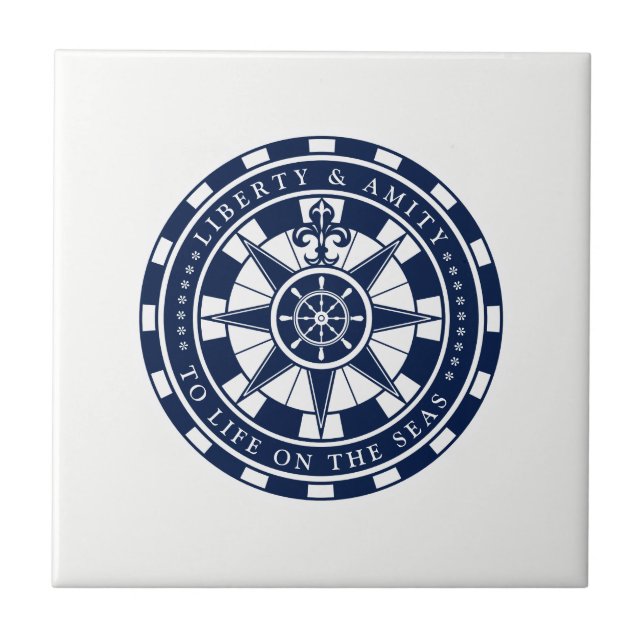 Compass, Nautical Star, Blue and White, Nautical Ceramic Tile (Front)
