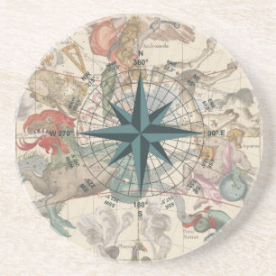 Compass on an Ancient Map Coaster
