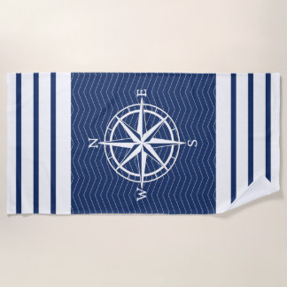 Compass on Blue with White Stripes Beach Towel