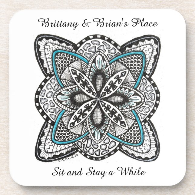 Compass Rose Abstract Doodle with Turquoise Coaster (Front)