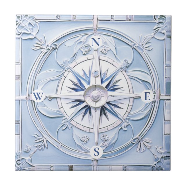 Compass Rose Art Nouveau Faux Relief Blue Nautical Ceramic Tile (Front)