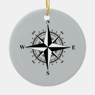 Compass Rose Black & White Ceramic Ornament