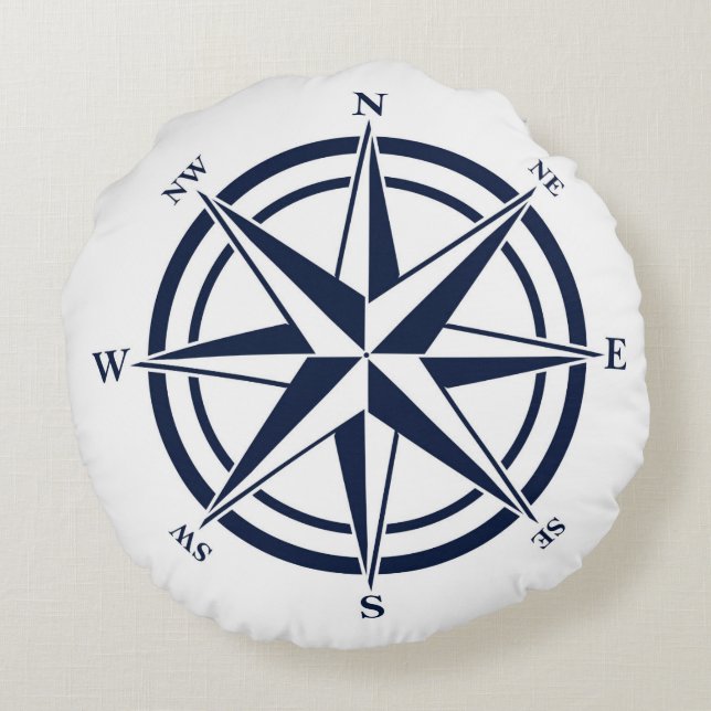 Compass Rose Blue Nautical Round Cushion (Back)