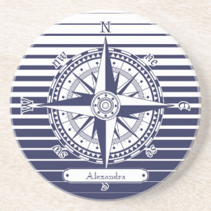 Compass Rose Blue Stripes Coaster