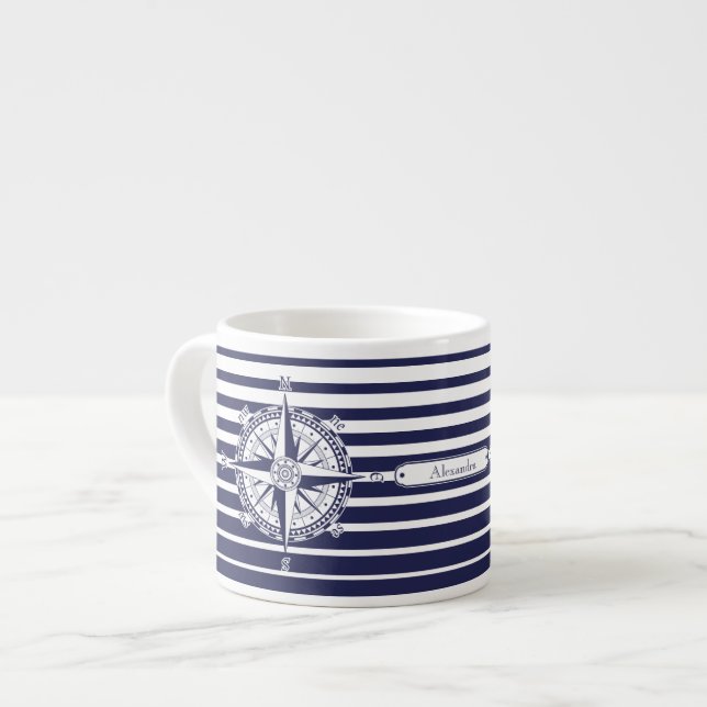 Compass Rose Blue Stripes Espresso Cup (Front Left)