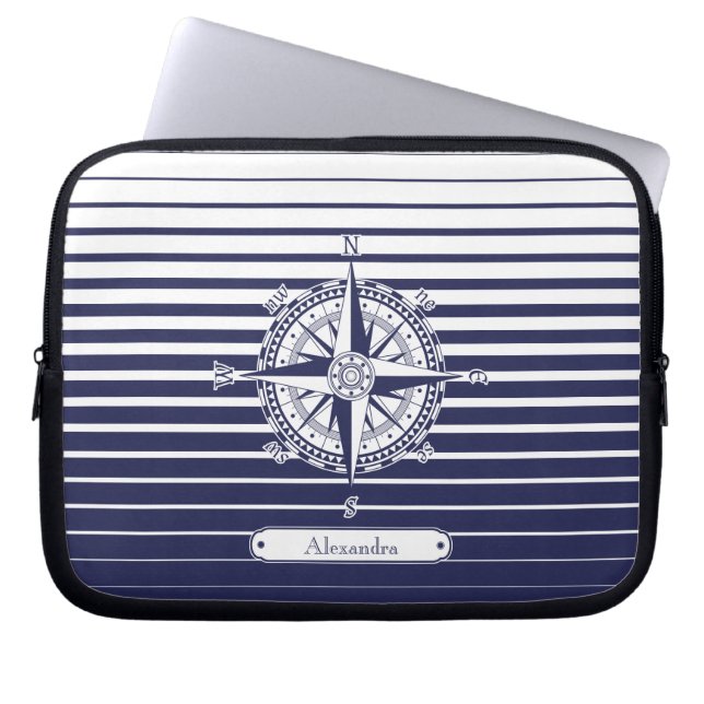 Compass Rose Blue Stripes Laptop Sleeve (Front)