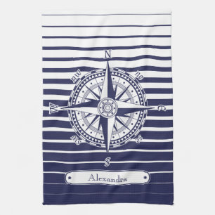 Compass Rose Blue Stripes Tea Towel