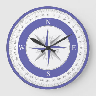 Compass Rose Blue White Nautical Large Clock