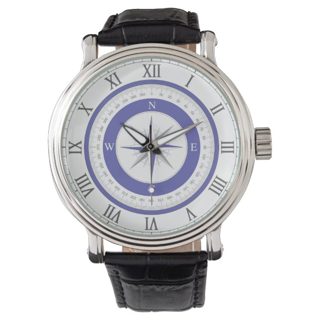 Compass Rose Blue White Nautical Watch (Front)