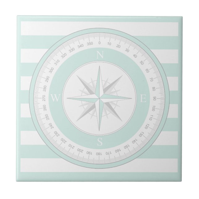 Compass Rose Mint Blue and White Stripes Ceramic Tile (Front)