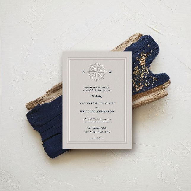Compass Rose Nautical Boat Formal Elegant Wedding Invitation (nautical wedding invitation compass rose formal traditional modern classic beach ocean coastal)