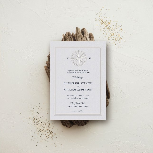 Compass Rose Nautical Coastal Formal Frame Wedding Invitation (nautical wedding invitation compass rose modern classicformal traditional beach ocean coastal ivory)