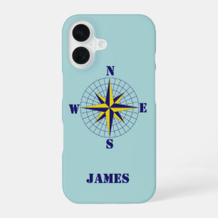 Compass Rose Navy and Gold with Name Nautical iPhone 16 Case