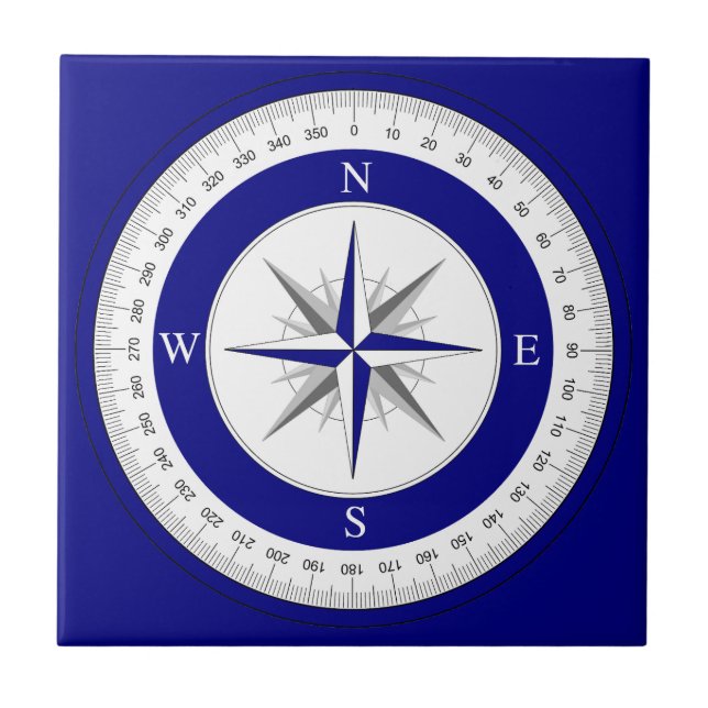 Compass Rose Navy Dark Blue and White Nautical Ceramic Tile (Front)