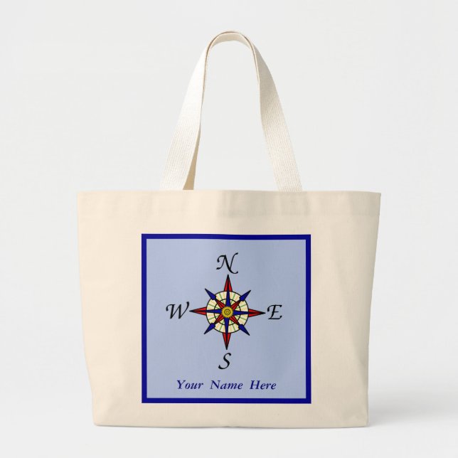 Compass Rose Personalised Blue Large Tote Bag (Front)