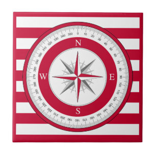 Compass Rose Red and White Stripes Ceramic Tile
