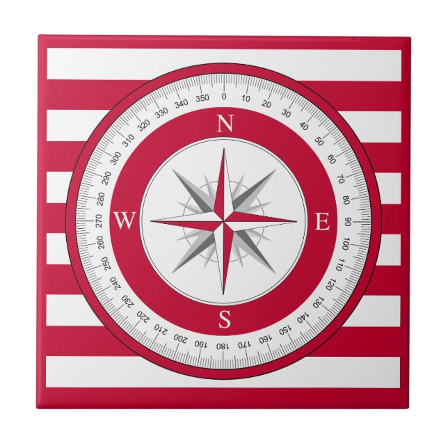Compass Rose Red and White Stripes Ceramic Tile (Front)
