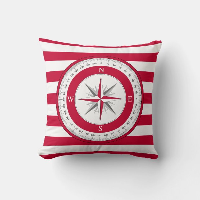 Compass Rose Red and White Stripes Cushion (Front)