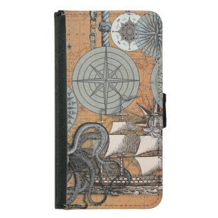 Compass Rose Vintage Nautical Octopus Samsung Galaxy S5 Wallet Case