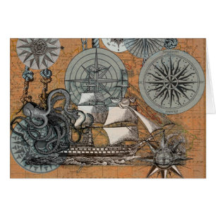Compass Rose Vintage Nautical Octopus Ship Art