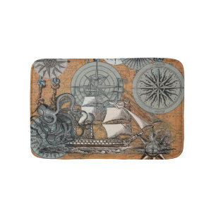 Compass Rose Vintage Nautical Octopus Ship Bath Mat