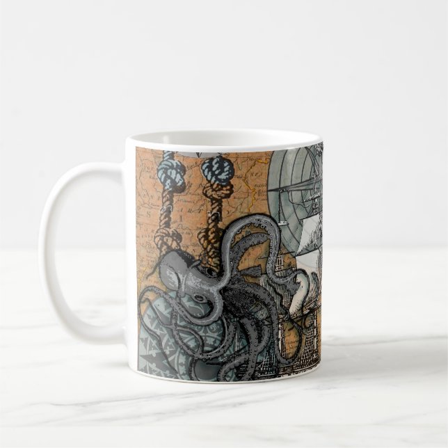 Compass Rose Vintage Nautical Octopus Ship Coffee Mug (Left)