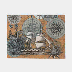 Compass Rose Vintage Nautical Octopus Ship Doormat