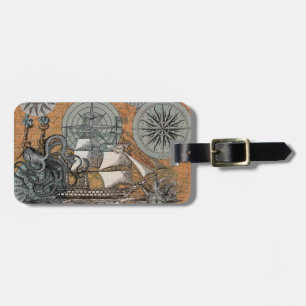 Compass Rose Vintage Nautical Octopus Ship Luggage Tag