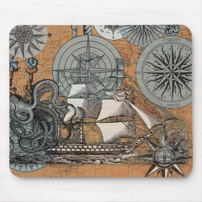 Compass Rose Vintage Nautical Octopus Ship Mouse Pad (Front)