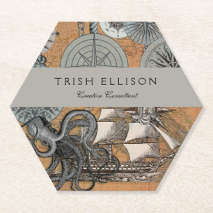 Compass Rose Vintage Nautical Octopus Ship Paper Coaster
