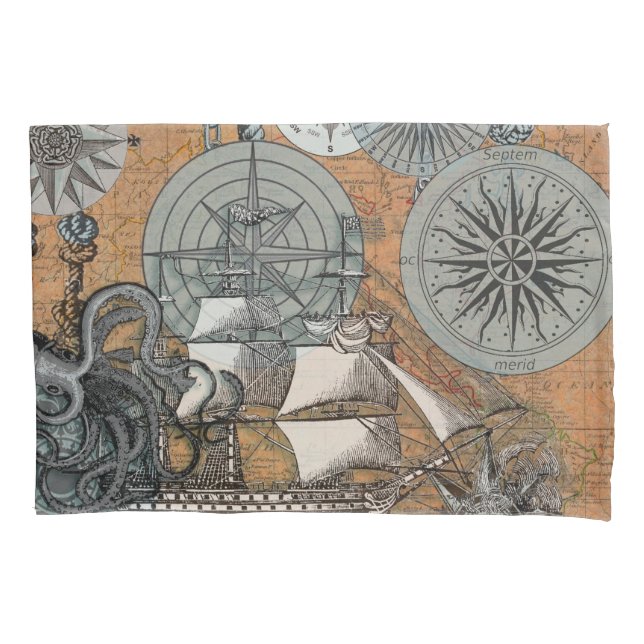 Compass Rose Vintage Nautical Octopus Ship Pillowcase (Front)