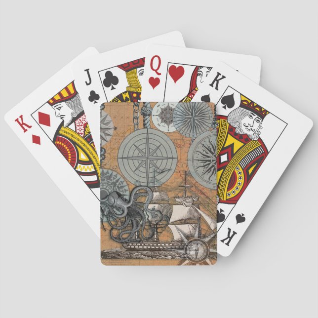 Compass Rose Vintage Nautical Octopus Ship Playing Cards (Back)