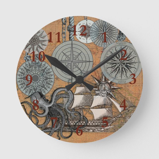 Compass Rose Vintage Nautical Octopus Ship Round Clock (Front)